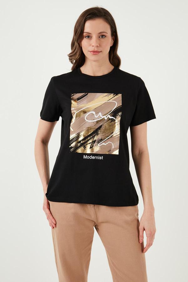 Fashion Friends Pamuklu Bisiklet Yaka Bayan T Shirt 24Y0698K1 SİYAH - Image 1