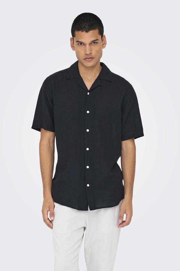 Only & Sons Onscaiden Keten ve Pamuk Karışımlı Slim Fit Kısa Kollu Erkek Gömlek 22025116 SİYAH - Image 1