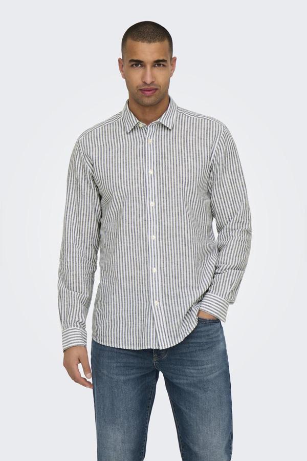 Only & Sons Onscaiden Çizgili Pamuk ve Keten Karışımlı Slim Fit Erkek Gömlek 22026601 Krem-Antrasit - Image 1
