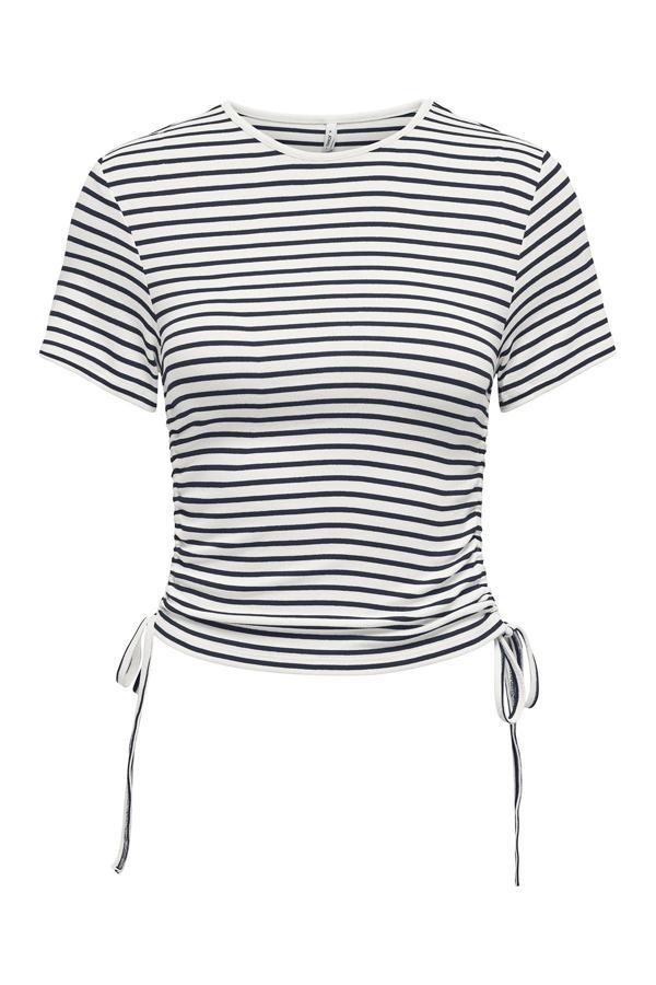 Only Onldevin Slim Fit Bisiklet Yaka Çizgili Büzgü Detaylı Bayan T Shirt 15346302 LACİVERT-KREM - Image 1