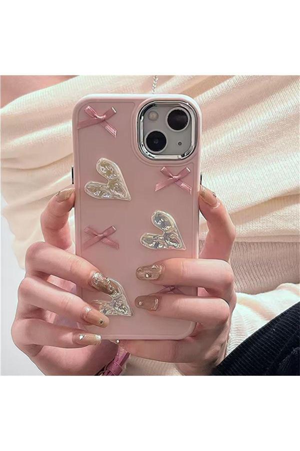 Miraz Tasarim Iphone 13/14 Uyumlu 3D Fiyonk Ve Kalpli Kılıf - Image 1
