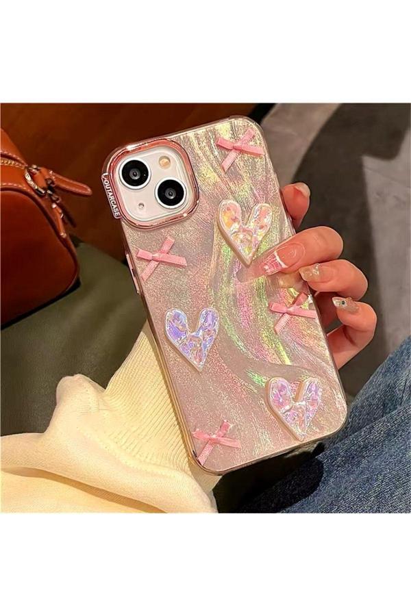 Miraz Tasarim Iphone 13/14/15 Uyumlu Rose Gold Simli 3D Fiyonk Ve Kalp Dekorlu Kılıf - Image 1
