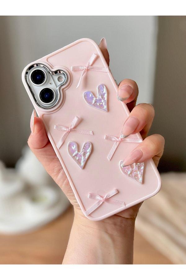 Miraz Tasarim Iphone 16 3D Fiyonk/Kalp Dekorlu Pembe Kılıf - Image 1