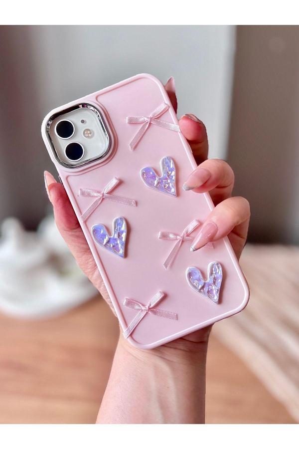 Miraz Tasarim Iphone 12/12Pro Uyumlu 3D Fiyonk/Kalp Dekorlu Pembe Kılıf - Image 1