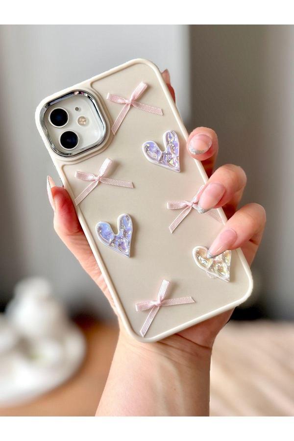 Miraz Tasarim Iphone 11 3D Fiyonk/Kalp Dekorlu Ekru Kılıf - Image 1