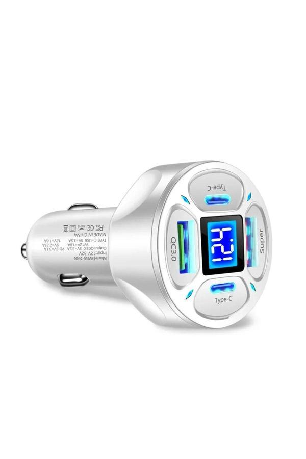 LED Dijital Ekranlı 2 USB + 2 Type C Portlu Hızlı Araç Şarjı - Beyaz - Image 1