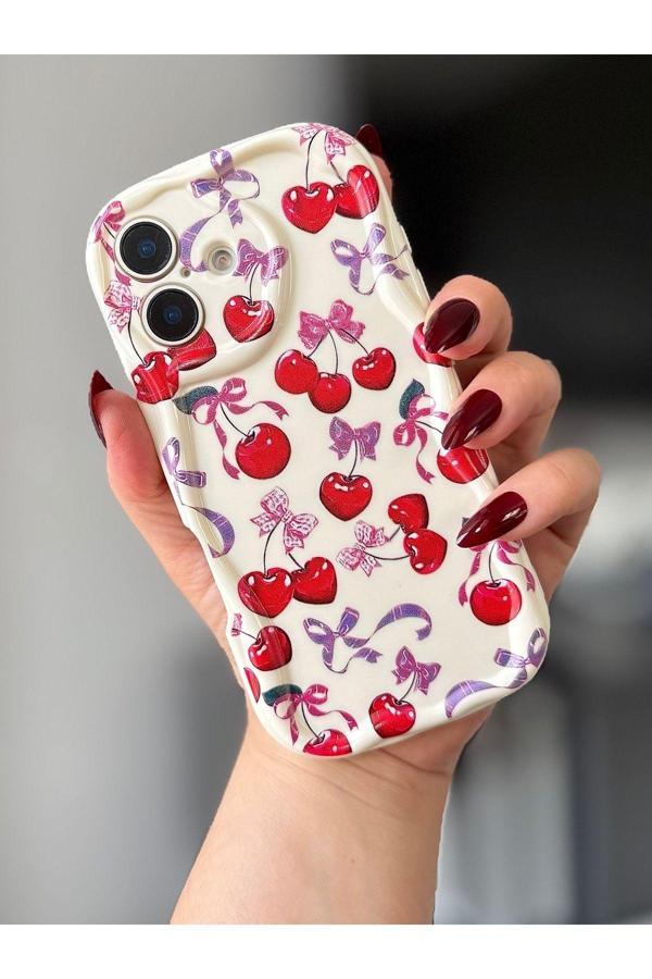 Miraz Tasarim Iphone 16 Plus Kiraz / Fiyonk Desenli Ekru Renk Kılıf - Image 1