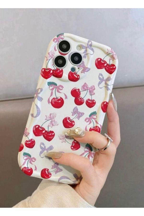 Miraz Tasarim Iphone 14 Pro Kiraz / Fiyonk Desenli Ekru Renk Kılıf - Image 1
