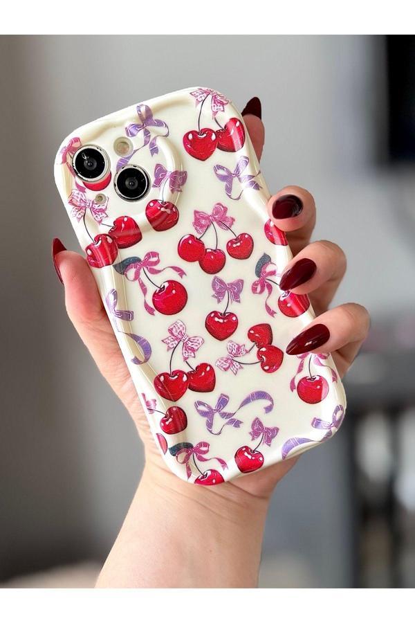 Miraz Tasarim Iphone 13 Kiraz / Fiyonk Desenli Ekru Renk Kılıf - Image 1