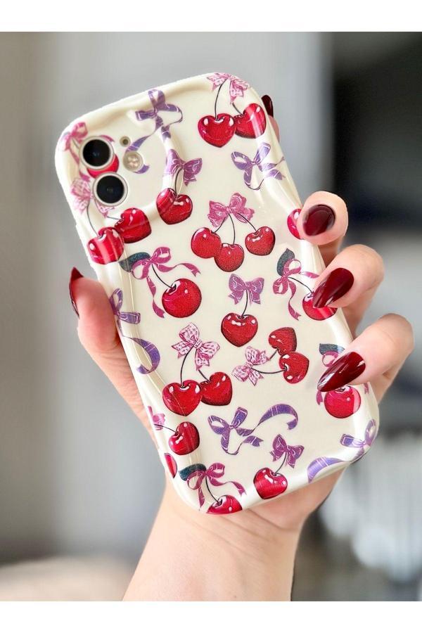 Miraz Tasarim Iphone 11 Kiraz / Fiyonk Desenli Ekru Renk Kılıf - Image 1