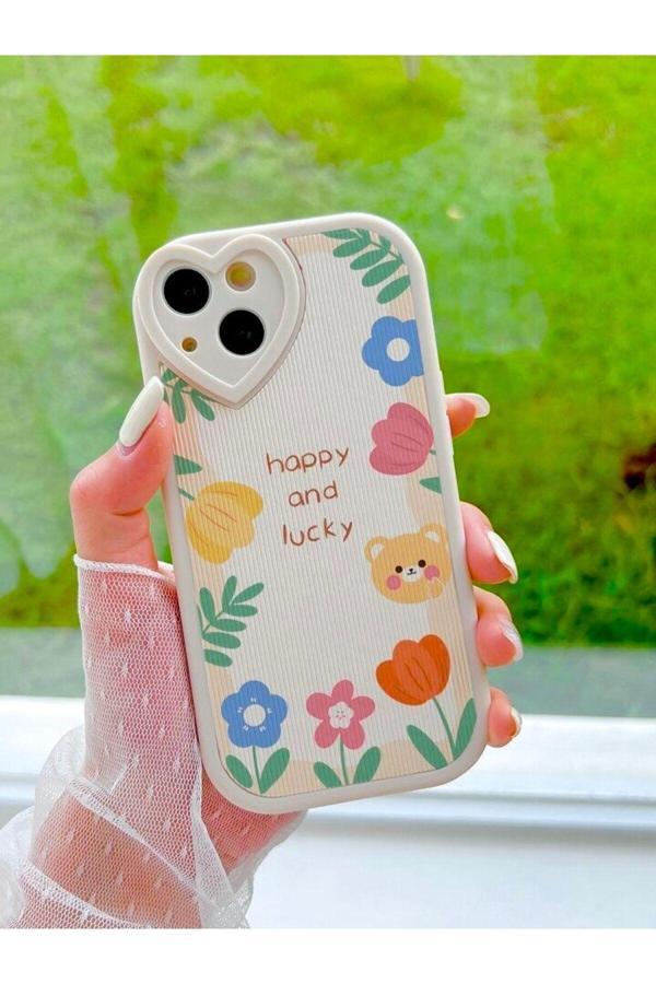 Miraz Tasarim Iphone 13 Kalp Detay Çiçek Ve Ayıcık Desenli Ekru Kılıf - Image 1