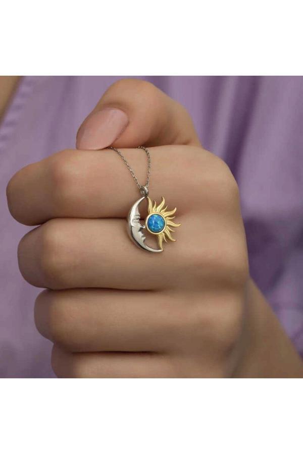 Armagano Gümüş Opal Mavi Taşlı Ay Güneş Kadın Kolye - Image 1