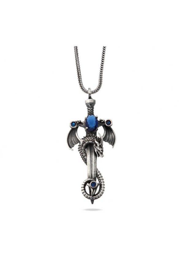 Armagano Gümüş Safir Taşlı Ejderha Erkek Kılıç Kolye - Image 1