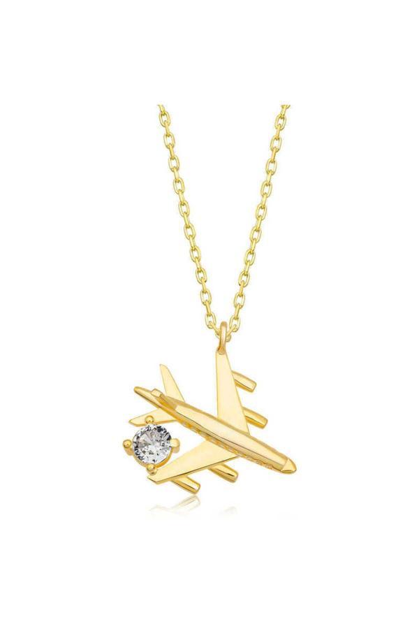 Armagano Gümüş Gold Tek Taşlı Uçak Kadın Kolye - Image 1