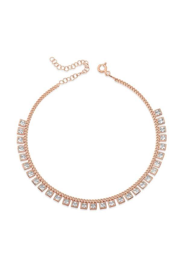Armagano Gümüş Gurmet Zincirli Kare Zirkon Taşlı Rose Gold Halhal - Image 1