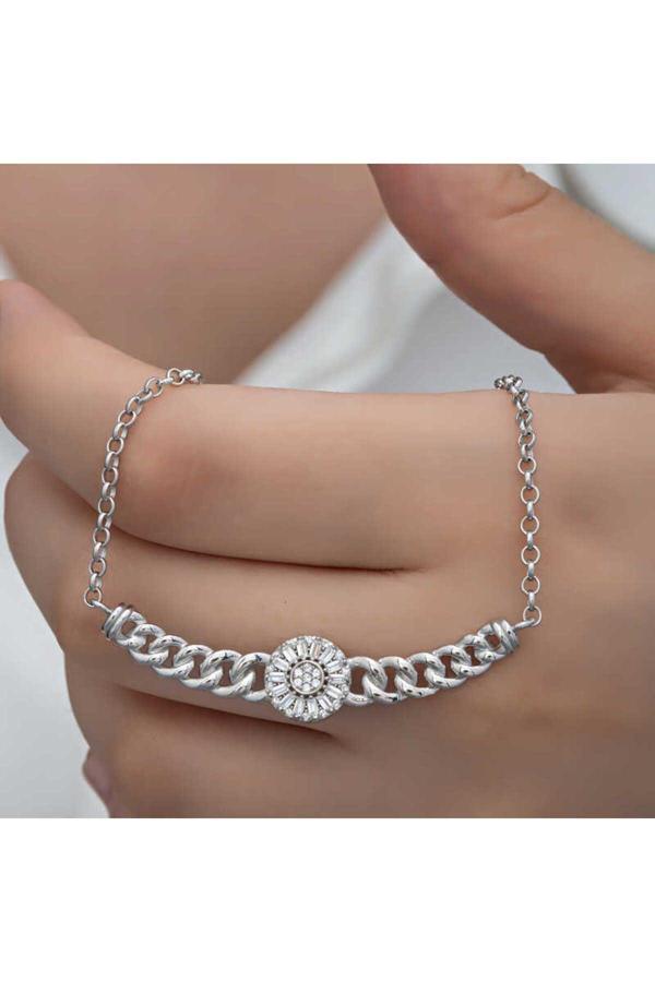 Armagano Gümüş Gurmet Zincirli Yuvarlak Baget Taşlı Kadın Kolye - Image 1