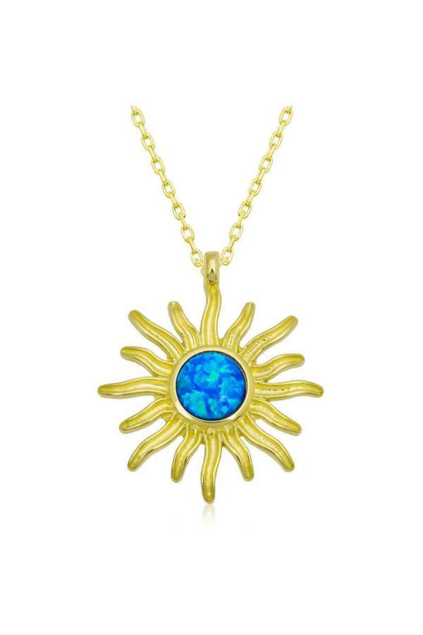 Armagano Gümüş Gold Mavi Opal Taşlı Güneş Kadın Kolye - Image 1