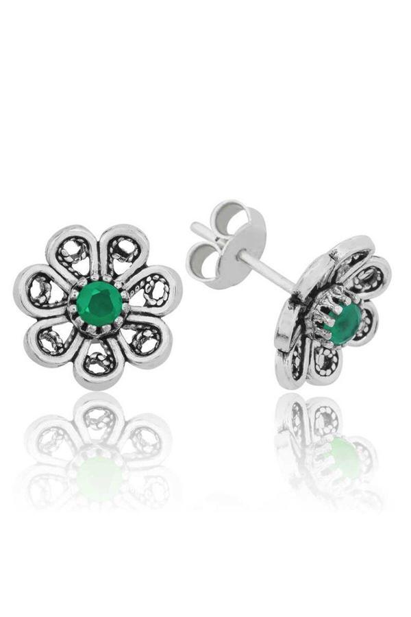 Armagano Gms Yeşil Telkari Çiçek Çivili Kadın Gümüş Küpe - Image 1