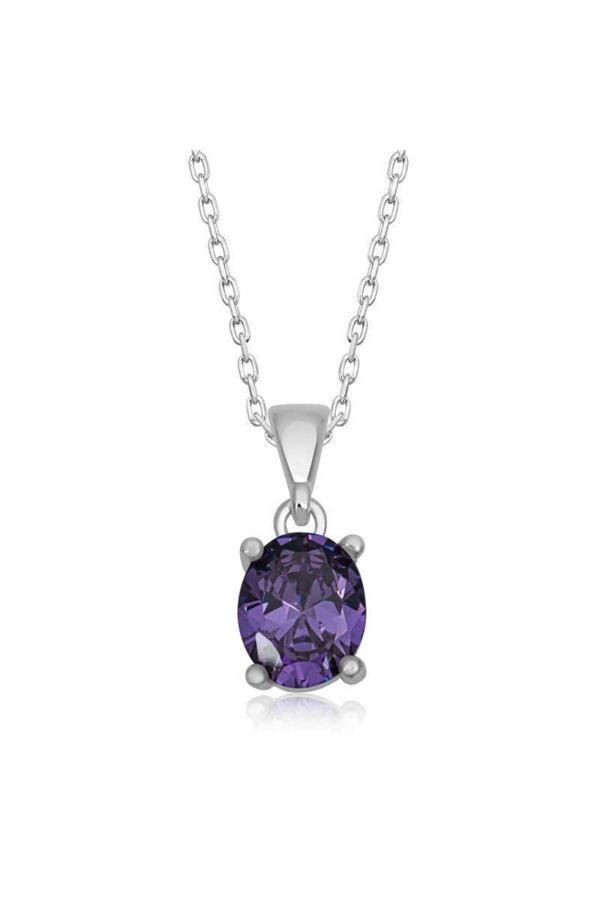 Armagano Gümüş Mor Kristal Oval Taşlı Kadın Kolye - Image 1
