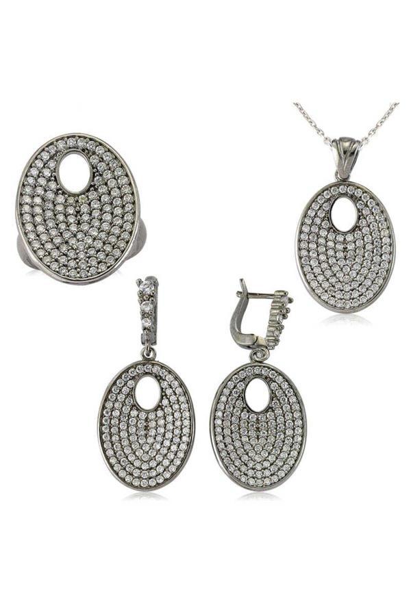 Armagano Gümüş Beyaz Taşlı Oval Set - Image 1