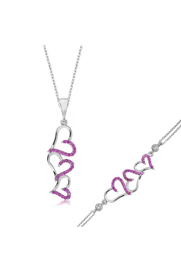Armagano Gümüş Pembe Üç Kalpli Set - Image 1