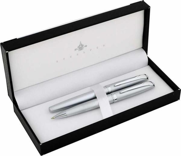 Steelpen 0165 Dolma Kalem + Tükenmez Kalem Set Desenli Krom - Image 1