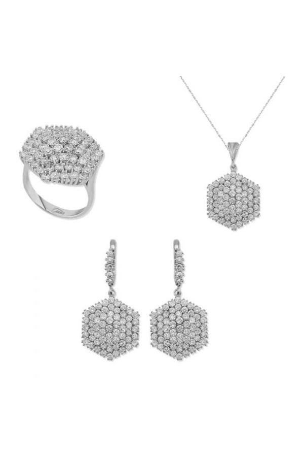 Armagano Gümüş Zirkon Taşlı Altıgen Kadın Set - Image 1