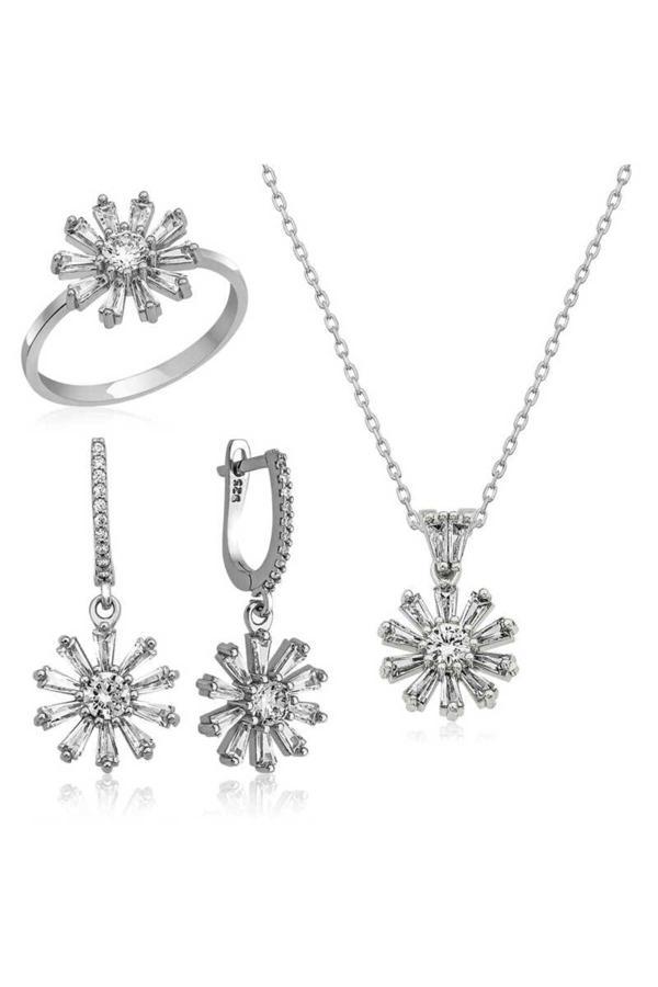 Armagano Pb Trapez Taşlı Çiçek Gümüş Set - Image 1