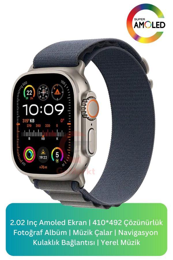 Gomarkt Hk10 Ultra 3 49Mm Akıllı Saat Gümüş Kasa Mavi Bez Kordon Ekstra Kordon Hediyeli - Image 1