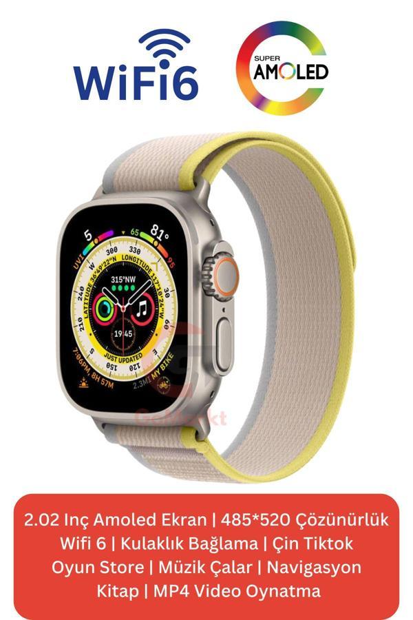 Gomarkt Hk10 Ultra 3 Wifi Versiyon 49Mm Gümüş Kasa Sarı-Mavi Bez Kordon Akıllı Saat Kordon Hediyeli - Image 1