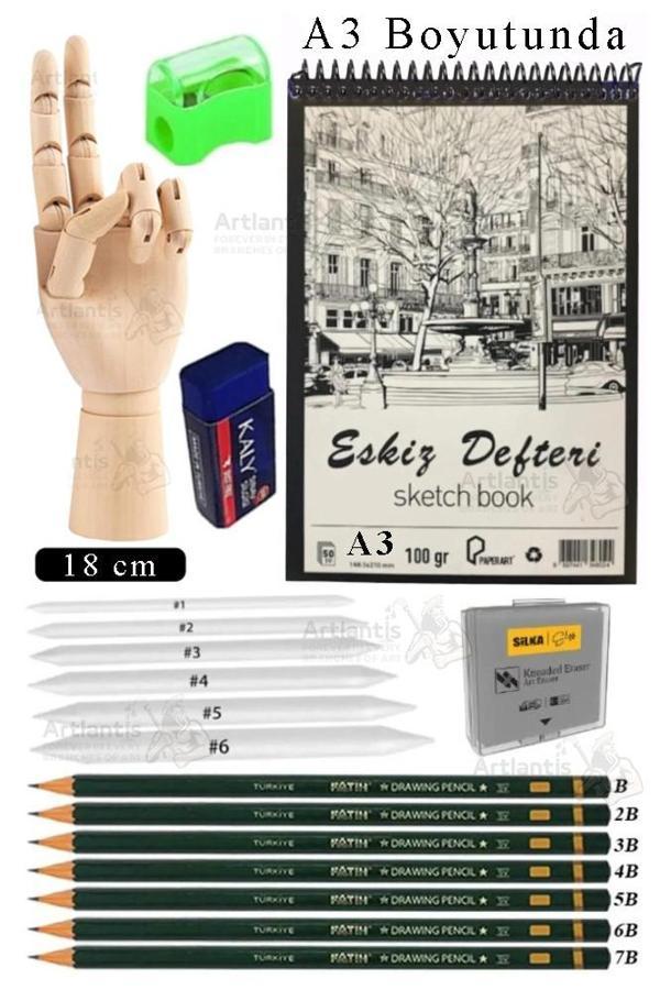 Ahşap El Modeli 18 Cm ve A3 Eskiz Defteri Modelleme Seti 1 Paket Dereceli Kalem Karakalem Dağıtma Hamur Silgi Kalemtraş - Image 1