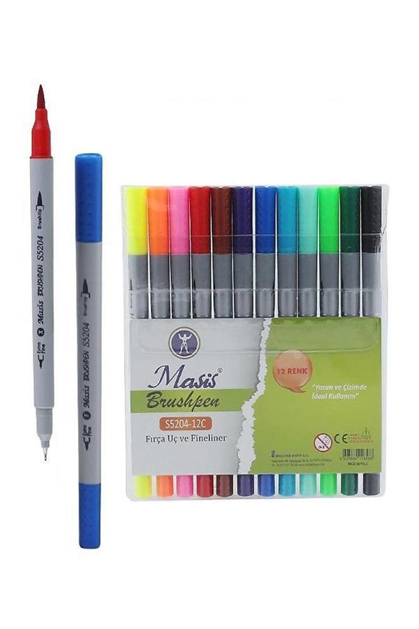 Fineliner Kalem Çift Yönlü 12 Renk 1 Paket Fırça Uç ve Fineliner Brushpen 12li Keçe Uçlu Kalem Kalın İnce Keçeli Kalem - Image 1