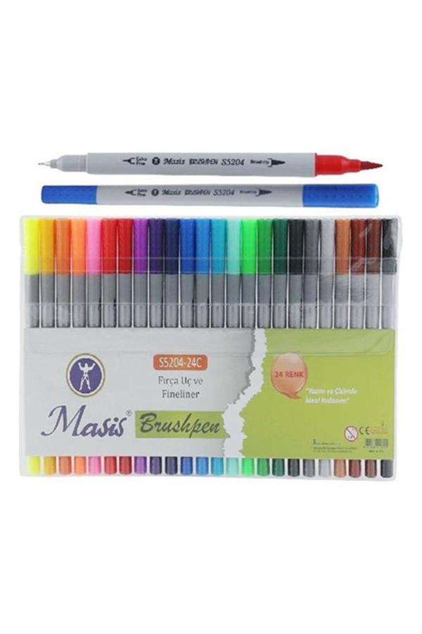 Fineliner Kalem Çift Yönlü 24 Renk 1 Paket Fırça Uç ve Fineliner Brushpen 24lü Keçe Uçlu Kalem Kalın İnce Keçeli Kalem - Image 1