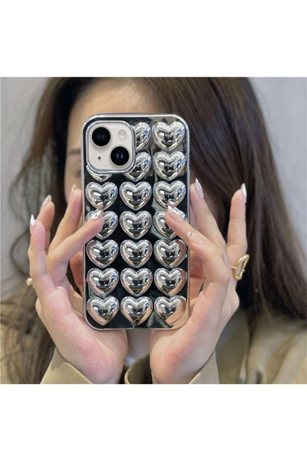 Pengraph Design For İdea İphone 13 Uyumlu Tasarım Gümüş Kalpli Silikon Kılıf - Image 1