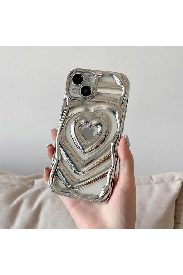 Pengraph Design For İdea İphone 14 Uyumlu Premium Tasarım Gümüş Kalpli Silikon Kılıf - Image 1