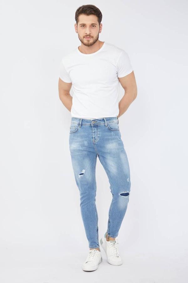 Erkek Skinny Fermuarlı Paça Detaylı Jean Açık Mavi - Image 1