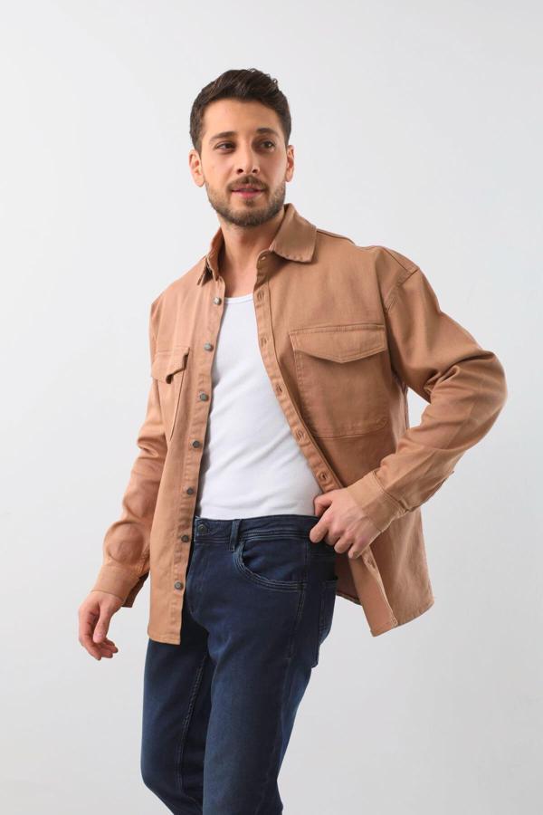 Erkek Oversize Jean Gömlek Bej - Image 1
