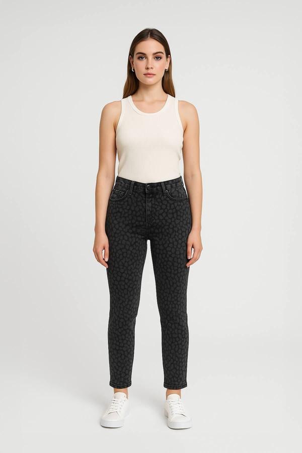 Kadın Slim Fit Normal Bel Desenli Likralı Gri Jean Pantolon - Image 1