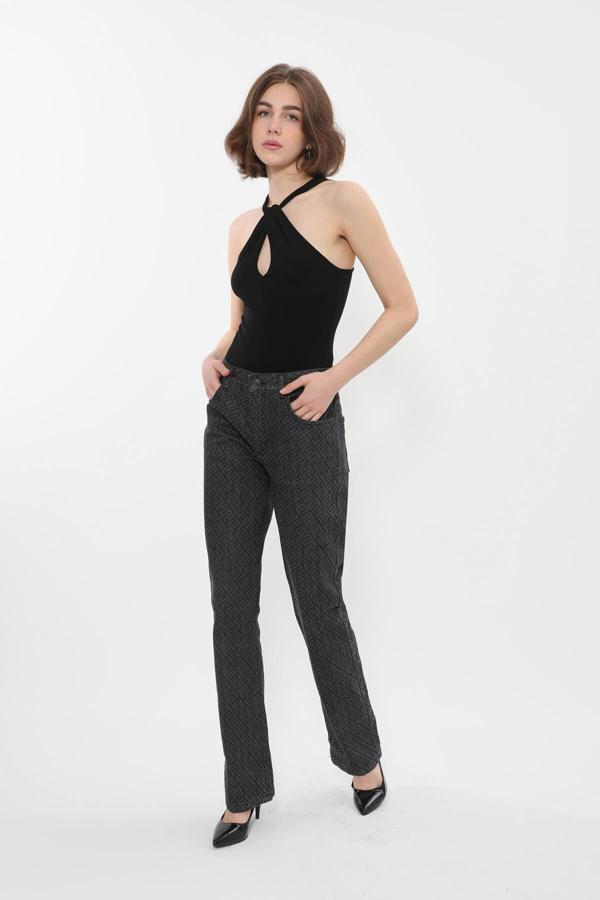 Kadın Yüksek Bel %100 Pamuk Desenli Flare İspanyol Paça Gri Siyah Karışımlı Jean Pantolon - Image 1