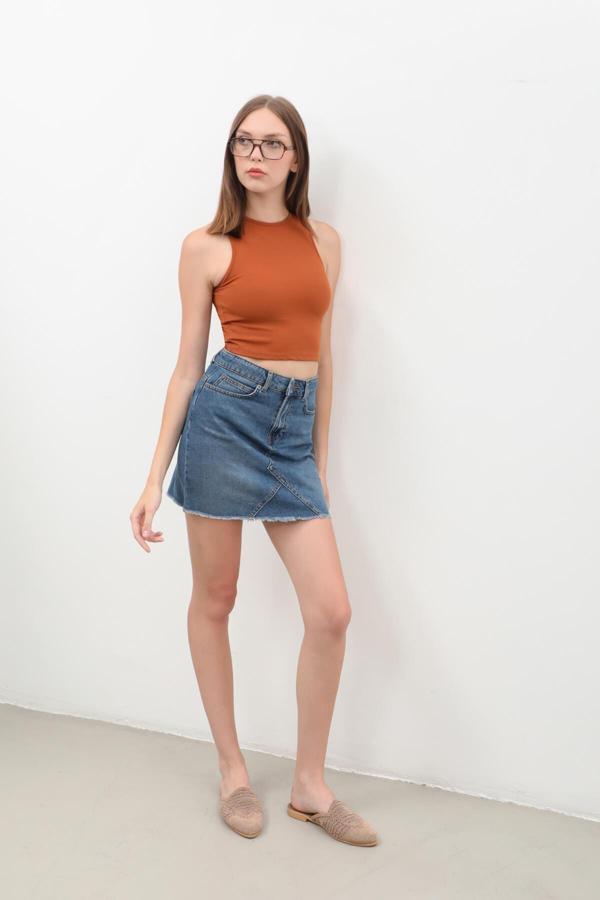 Püsküllü Mini Jean Etek - Image 1