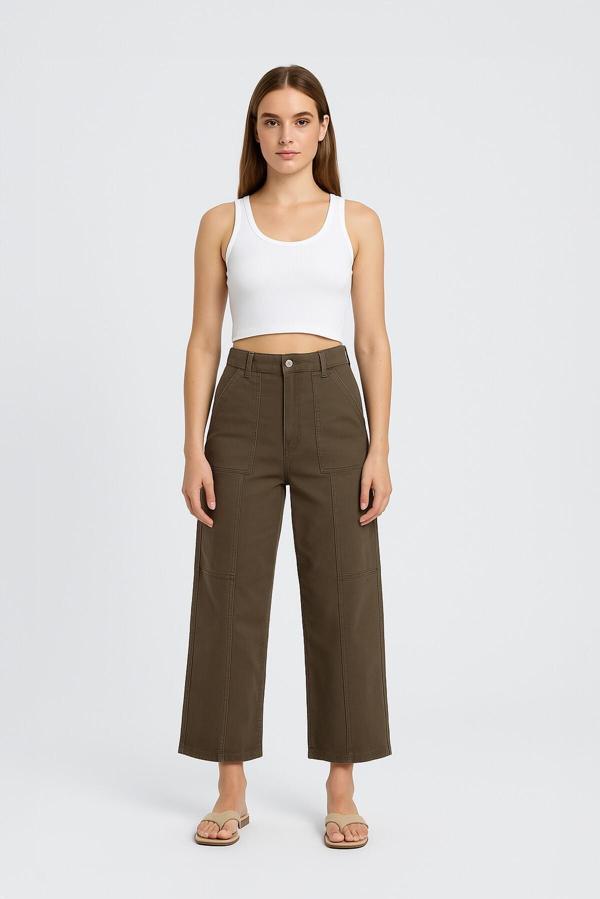 Kadın Yüksek Bel Geniş Paça Yan Cep Haki Jean Pantolon - Image 1