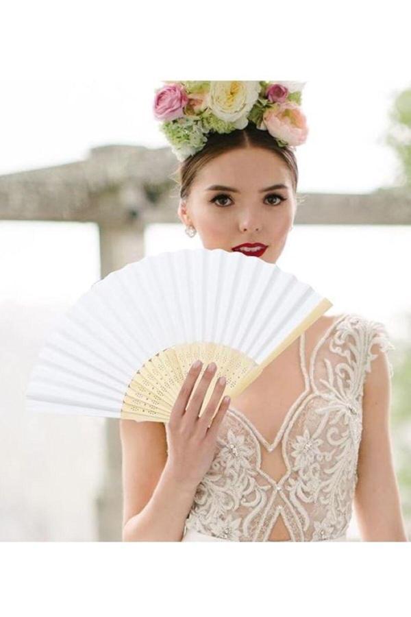 10 Adet Bambu -beyaz Yelpaze Karton - Image 1