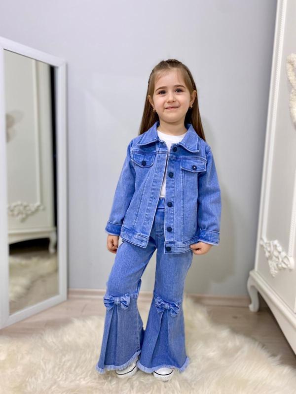 MODAVALS FİYONK DETAYLI İSPANYOL PAÇA KOT PANTOLON & KOT CEKET & BADİ KIZ ÇOCUK KOMBİN - Image 1
