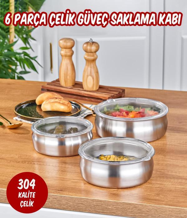 3’lü Çelik Güveç Model Saklama Kabı 6 Parça - Image 1