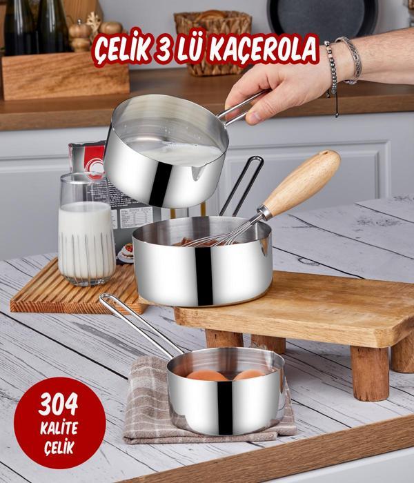 Çelik 3 Lü Kaçerola Sosluk Sütlük 12cm-14cm-16cm - Image 1