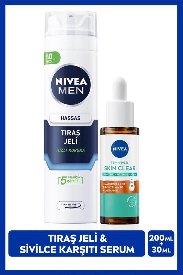 MEN Erkek Hassas Tıraş Jeli 200ml ve Derma Skin Clear Sivilce Karşıtı Serum 30ml, Cilt Bakım Seti - Image 1