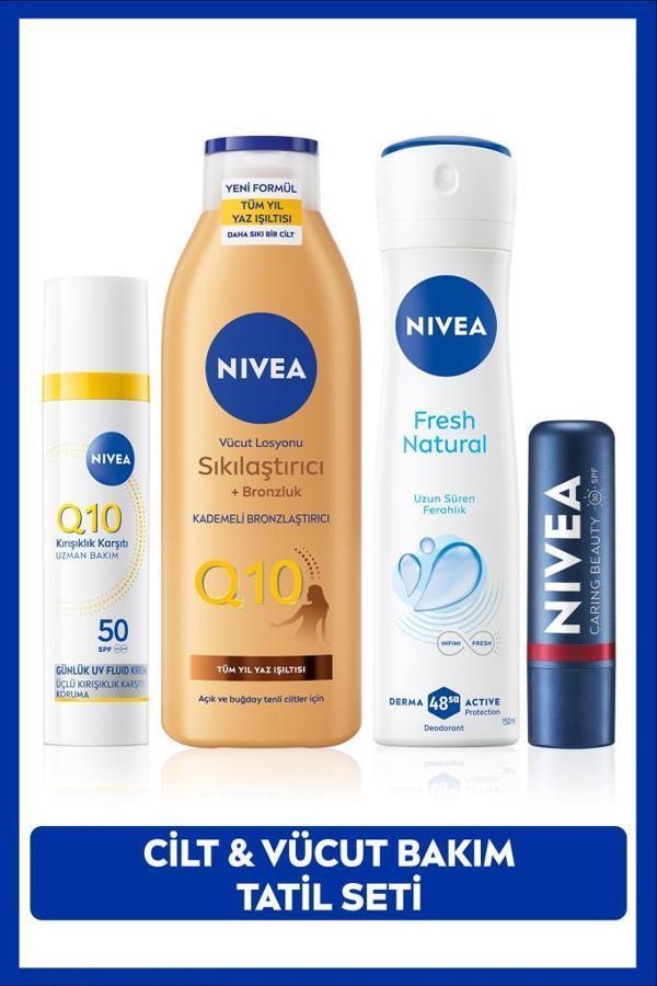 Q10 SPF50 Gündüz Yüz Krem 40ml, Sıkılaştırıcı Bronzluk Losyon 250ml,Kırmızı Dudak Kremi ve Deodorant - Image 1