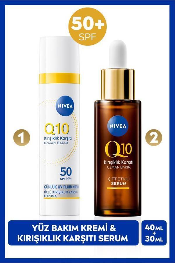 Q10 SPF50 Güneş Koruyucu Yüz Bakım Kremi 40ml ve Kırışıklık Karşıtı Çift Etkili Cilt Serumu 30ml - Image 1