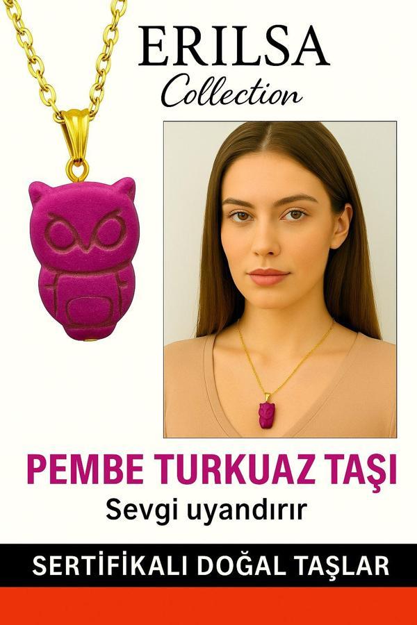 Sertifikalı Gold Baykuş Model Pembe Turkuaz Taşı Kolye Sevgi ve Huzur Verir - Image 1