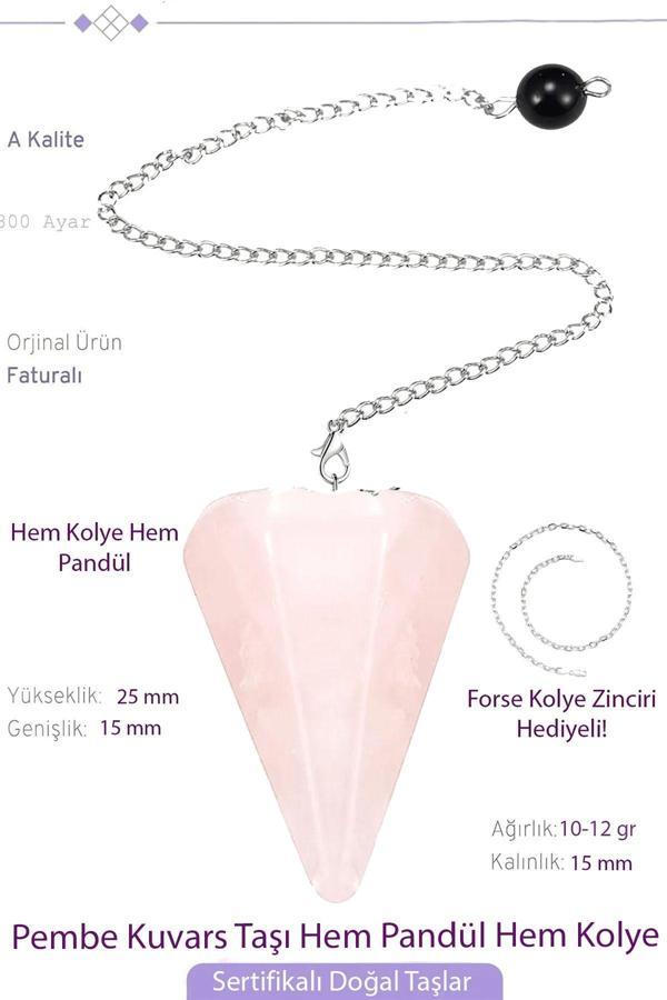 Sertifikalı Pembe Kuvars Taşı Pandül Sarkaç Hem Pandül - Hem Kolye Doğal Pembe Renk 40 cm - Image 1